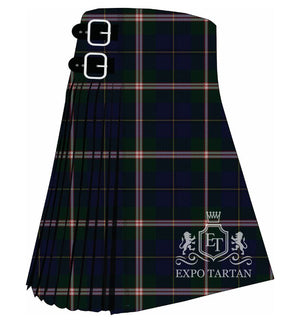 Men's Canadian Centennial Tartan Kilt showing traditional knife pleats and black leather side straps in a deep navy and green sett, intricately intersected by thick white bands and fine red and yellow lines
