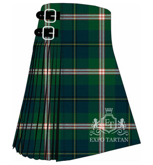 Men's Canadian National Ancient Tartan Kilt showing traditional knife pleats and black leather side straps in a bright green sett, intricately intersected by dark forest green bands, thick white stripes, and fine red and yellow lines