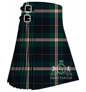 Men's Canadian National Tartan Kilt showing traditional knife pleats and black leather side straps in a deep green and navy sett, intricately intersected by thick white bands and fine red and yellow lines