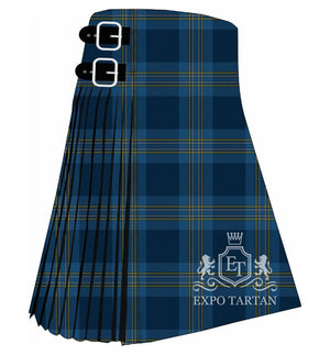 Men's Canberra, City of Tartan Kilt showing traditional knife pleats and black leather side straps in a two-tone blue sett, intricately intersected by bright double yellow bands and fine white lines