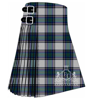 Men's Canmore Highland Games Dress Tartan Kilt showing traditional knife pleats and black leather side straps in a bright grey sett, intricately intersected by deep navy and green bands, and fine black and light blue lines