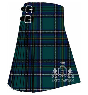 Men's Canmore Highland Games Tartan Kilt showing traditional knife pleats and black leather side straps in a deep green and navy sett, intricately intersected by fine white, yellow, and black lines