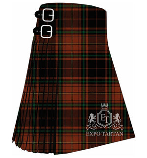 Men's Canterbury Ancient Tartan Kilt showing traditional knife pleats and black leather side straps in a warm rust-brown and black sett, intricately intersected by dark green bands and fine yellow lines
