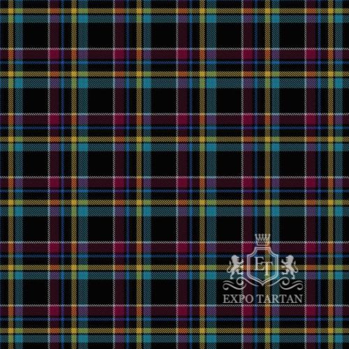 Men's Care Experienced Swatch showing a deep black sett, intricately intersected by vibrant turquoise and magenta panels and fine yellow and white overchecks.