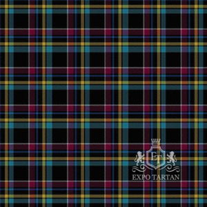 Men's Care Experienced Swatch showing a deep black sett, intricately intersected by vibrant turquoise and magenta panels and fine yellow and white overchecks.