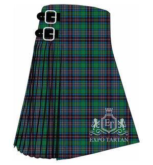 Men's Caribou District Tartan Kilt showing traditional knife pleats and black leather side straps in a green and navy sett, intricately intersected by burgundy and slate grey bands and fine white overchecks