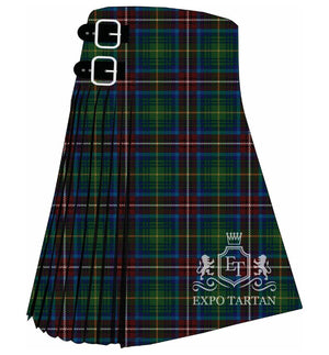 Men's Chattahoochee River Tartan Kilt showing traditional knife pleats and black leather side straps in a green and navy sett, intricately intersected by burgundy bands and fine yellow and white overchecks