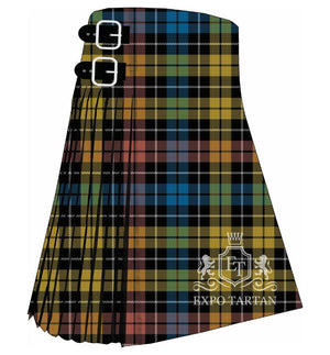 Men's Children in Need Tartan Kilt showing traditional knife pleats and black leather side straps in a golden-yellow and black sett, intricately intersected by a colorful grid of blue, green, red, and white overchecks