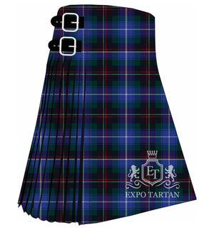 Men's Church of Scotland Tartan Kilt showing traditional knife pleats and black leather side straps in a dark blue and green sett, intricately intersected by fine red and white overcheck