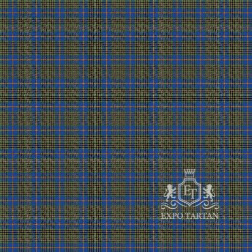 Men's City of Dorval Swatch showing a deep blue and olive green sett, intricately intersected by bright orange and light blue overchecks