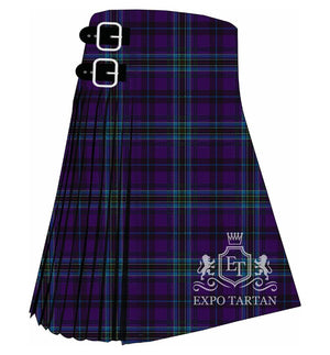 Men's City of Geneva Tartan Kilt showing traditional knife pleats and black leather side straps in a deep purple and black sett, intricately intersected by bright blue and fine green overcheck