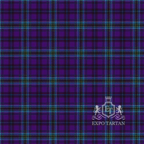 Men's City of Geneva Swatch showing a deep purple and black sett, intricately intersected by bright blue and fine green overcheck