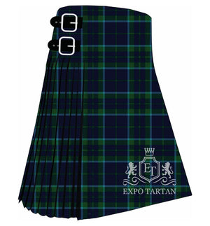 Men's City of Kincardine Tartan Kilt showing traditional knife pleats and black leather side straps in a deep navy and green sett, intricately intersected by bright light blue overchecks
