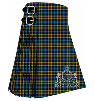 Men's City of Long Beach Tartan Kilt showing traditional knife pleats and black leather side straps in a deep blue and dark green sett, intricately intersected by bright yellow overchecks