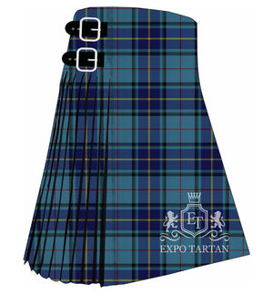 Men's City of Los Angeles Tartan Kilt showing traditional knife pleats and black leather side straps in a light blue and navy sett, intricately intersected by bright yellow and red overcheck