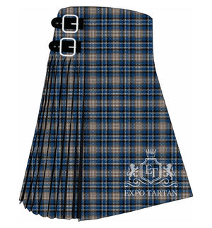 Men's City of Pointe Claire Tartan Kilt showing traditional knife pleats and black leather side straps in a medium blue and tan sett, intricately intersected by dark bands and crisp white overcheck