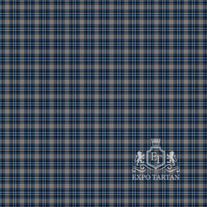Men's City of Pointe Claire Swatch showing a medium blue and tan sett, intricately intersected by dark bands and crisp white overcheck