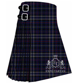 Men's City of Sarnia Tartan Kilt showing traditional knife pleats and black leather side straps in a deep navy and black sett, intricately intersected by white, yellow, and red overchecks