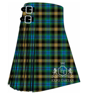 Men's Clackmannanshire Tartan Kilt showing traditional knife pleats and black leather side straps in a deep green and black sett, intricately intersected by blue, golden-yellow, and white overchecks