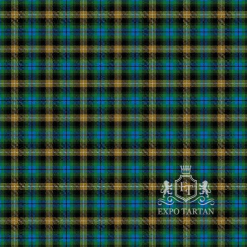 Men's Clackmannanshire Swatch showing a deep green and black sett, intricately intersected by blue, golden-yellow, and white overchecks