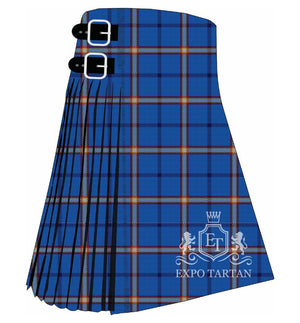 Men's Clark's Harbour Tartan Kilt showing traditional knife pleats and black leather side straps in a bright blue sett, intricately intersected by dark blue bands and multi-colored overchecks of white, yellow, and red