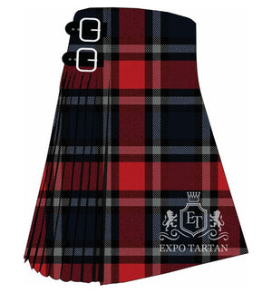 Men's Clergy Red Tartan Kilt showing traditional knife pleats and black leather side straps in a red and navy sett, intricately intersected by heavy black bands and light grey overchecks.