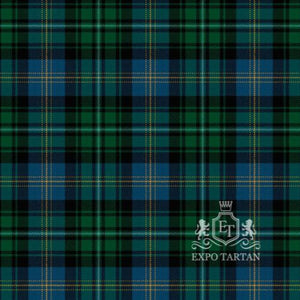 Men's Clergy of Ulva Ancient Swatch showing an ancient green and blue sett, intricately intersected by heavy black bands and pale yellow overcheck
