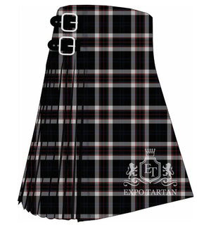 Men's Coal Miners Tartan Kilt showing traditional knife pleats and black leather side straps in a solid black sett, intricately intersected by white bands and fine red overchecks