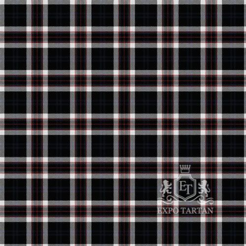 Men's Coal Miners Swatch showing a solid black sett, intricately intersected by white bands and fine red overchecks