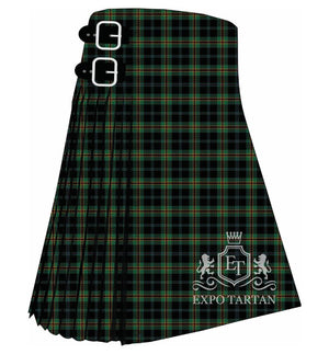Men's Coalfields Regeneration Trust Tartan Kilt showing traditional knife pleats and black leather side straps in a solid black and dark green sett, intricately intersected by fine red and yellow overchecks