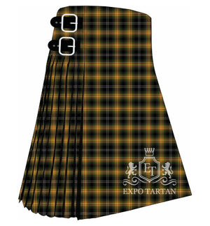 Men's Confessore Tartan Kilt showing traditional knife pleats and black leather side straps in a green and black sett, intricately intersected by bold golden-yellow bands and fine white overchecks