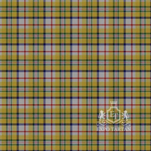 Men's Contrecoeur Dress Swatch showing a yellow and grey sett, intricately intersected by red, blue, and green overchecks.