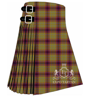 Men's Contrecoeur Tartan Kilt showing traditional knife pleats and black leather side straps in a golden yellow and burgundy sett, intricately intersected by blue, green, and white overchecks