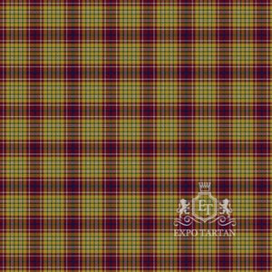 Men's Contrecoeur Swatch showing a golden yellow and burgundy sett, intricately intersected by blue, green, and white overchecks