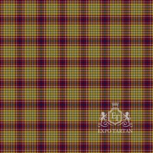 Men's Contrecoeur Swatch showing a golden yellow and burgundy sett, intricately intersected by blue, green, and white overchecks