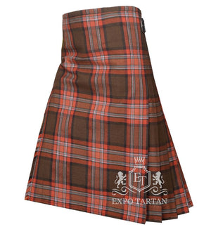 Men's County Down Tartan Kilt showing traditional knife pleats and black leather side straps in an earthy brown and orange sett, intricately intersected by dark bands with light blue and white overcheck