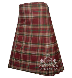 Men's County Tyrone Tartan Kilt showing traditional knife pleats and black leather side straps in a red and tan sett, intricately intersected by vibrant green and crisp white overchecks