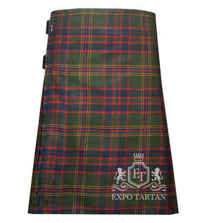 Men's County Westmeath Tartan Kilt showing traditional knife pleats and black leather side straps in a forest green sett, intricately intersected by deep red and navy blue bands with bright yellow overchecks