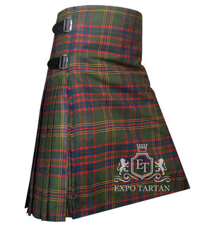 Men's County Westmeath Tartan Kilt showing traditional knife pleats and black leather side straps in a forest green sett, intricately intersected by deep red and navy blue bands with bright yellow overchecks