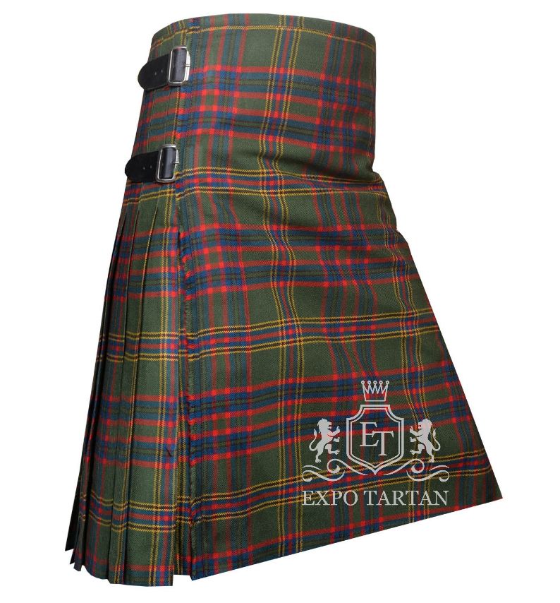 Men's County Westmeath Tartan Kilt showing traditional knife pleats and black leather side straps in a forest green sett, intricately intersected by deep red and navy blue bands with bright yellow overchecks