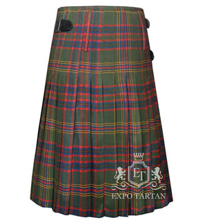 Men's County Westmeath Tartan Kilt showing traditional knife pleats and black leather side straps in a forest green sett, intricately intersected by deep red and navy blue bands with bright yellow overchecks