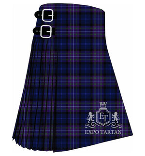 Men's Cowal Tartan Kilt showing traditional knife pleats and black leather side straps in a navy and black sett, intricately intersected by purple bands and green overchecks