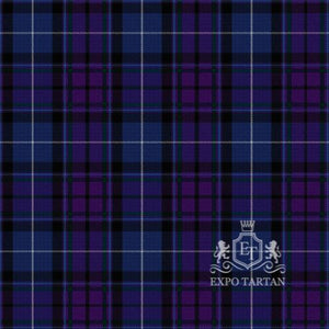 Men's Crieff Highland Gathering Swatch showing a navy and black sett, intricately intersected by purple bands and white overchecks