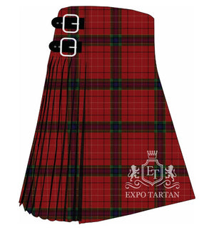 Men's Cromdale Tartan Kilt showing traditional knife pleats and black leather side straps in a vibrant red sett, intricately intersected by forest green, deep blue-purple, and fine yellow and black overchecks