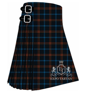 Men's Culemborg Tartan Kilt showing traditional knife pleats and black leather side straps in a dark navy sett, intricately intersected by bright blue bands and orange overchecks