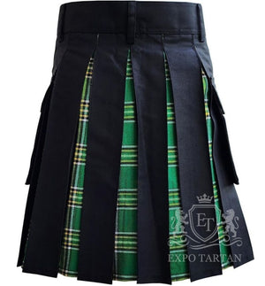 Custom Black Hybrid Utility Kilt Irish Green Tartan, Highland Wear