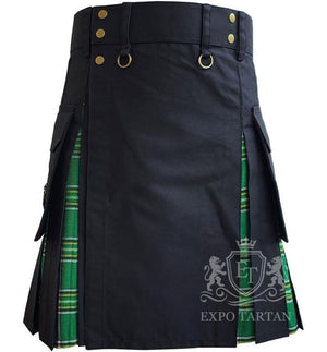 Custom Black Hybrid Utility Kilt Irish Green Tartan, Highland Wear