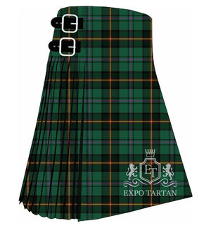Men's Dartmoor Tartan Kilt showing traditional knife pleats and black leather side straps in a green and black sett, intricately intersected by yellow, red, and purple overcheck