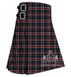 Men's Dauphinee Trussville Alabama Tartan Kilt showing traditional knife pleats and black leather side straps in a navy blue sett, intricately intersected by red and white bands and yellow overcheck