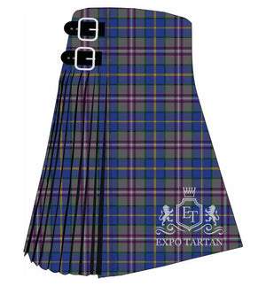 Men's Deeside Plaid Tartan Kilt showing traditional knife pleats and black leather side straps in a grey and royal blue sett, intricately intersected by purple and golden-yellow overcheck